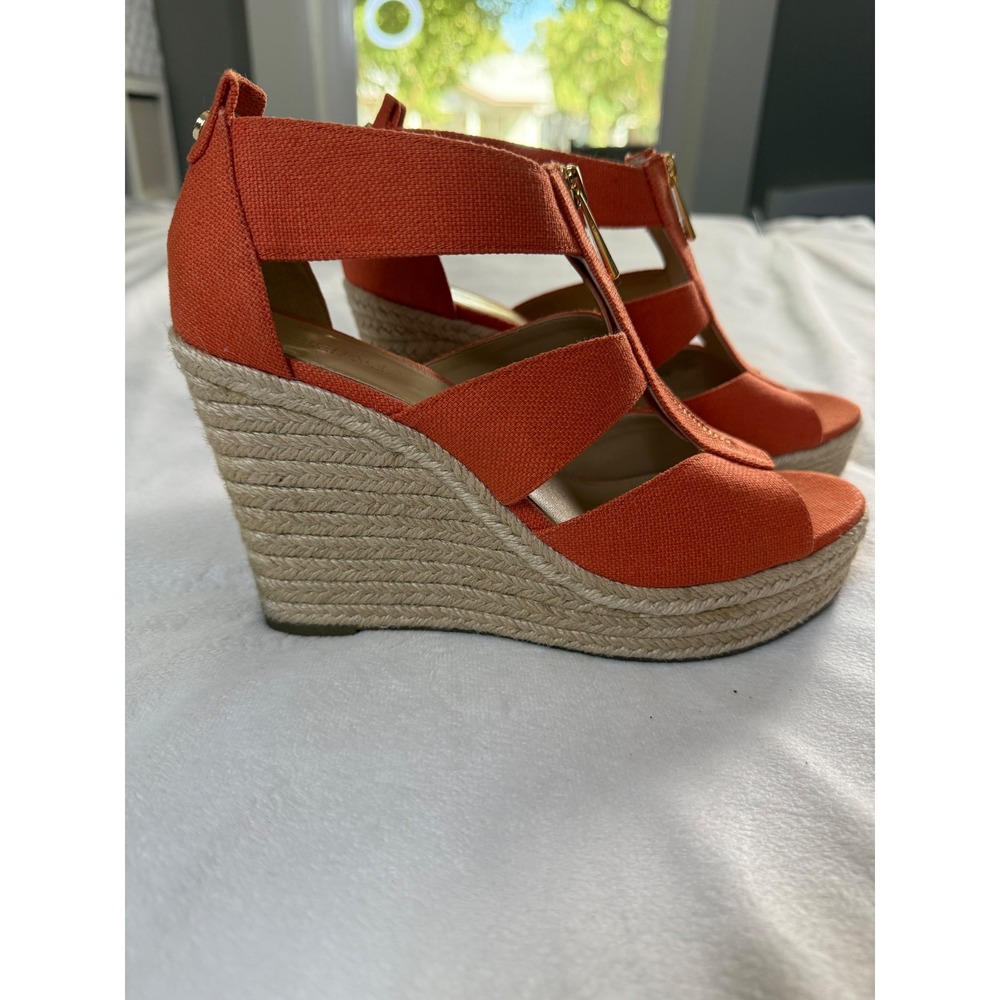 Michael Kors Damita Orange Canvas Espadrille Wedge Sandals Gold Zip 8M PV17L